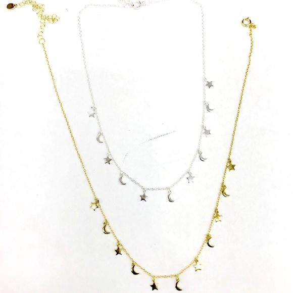 Sterling Silver PLAIN MOON & STARS DANGLE CHOKER - Picture 2 of 2